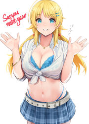  ahoge belt blonde_hair blue_bra blue_eyes blue_panties blue_skirt bra breasts cleavage collared_shirt commentary_request cowboy_shot crop_top female front-tie_top grin hachimiya_meguru hair_ornament hairclip hands_up highleg highleg_panties highres idolmaster idolmaster_shiny_colors jewelry koukoku large_breasts long_hair looking_at_viewer low_twintails midriff miniskirt navel necklace panties plaid plaid_skirt pleated_skirt shirt short_sleeves simple_background skirt smile solo stomach string_panties twintails underwear white_background white_shirt 