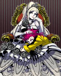  1boy bare_shoulders black_flower black_gloves black_jacket blonde_hair breasts closed_mouth collarbone crown danganronpa_(series) danganronpa_2:_goodbye_despair dated den1208 dress elbow_gloves female flower gloves jacket large_breasts long_hair pink_hair ponytail soda_kazuichi sonia_nevermind striped striped_background white_dress white_gloves yellow_jacket 