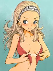  anlucea blonde_hair blue_eyes blush breasts closed_mouth collarbone commentary_request dragon_quest dragon_quest_x female hairband highres long_hair looking_at_viewer mole mole_under_mouth muramasa_mikado presenting_tanlines simple_background small_breasts smile solo swimsuit tan tanlines undressing 