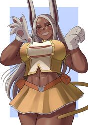  abs animal_ears animal_hands artist_name boku_no_hero_academia border breasts cat_girl cat_paws cat_tail claw_pose cosplay crop_top dark-skinned_female dark_skin facial_mark female gloves grin gud0c highres large_breasts long_hair looking_at_viewer mirko muscular muscular_female navel parted_bangs paw_gloves paw_pose rabbit_ears ragdoll_(boku_no_hero_academia) ragdoll_(boku_no_hero_academia)_(cosplay) red_eyes red_skirt sidelocks skirt smile solo tail whisker_markings white_border white_gloves white_hair 