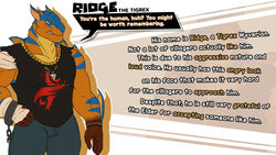  16:9 anthro bandage bottomwear bracelet capcom character_bio character_name clothing cuff_(restraint) dasinbun english_text flying_wyvern handcuffs hi_res higlafavtfom hopkeeper_games jewelry male metal_cuffs monster_hunter necklace pants restraints ridge_(higlafavtfom) shirt solo text tigrex topwear torn_clothing torn_shirt torn_topwear widescreen 