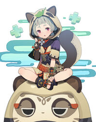  :o animal_ears animal_hood black_scarf blunt_bangs commentary_request daruma_doll ddal egasumi fake_animal_ears fake_tail female genshin_impact grey_hair hair_between_eyes highres hood indian_style japanese_clothes leaf leaf_on_head looking_at_viewer muji-muji_daruma_(genshin_impact) ninja open_mouth parted_lips pouch purple_eyes raccoon_ears raccoon_tail sayu_(genshin_impact) scarf short_hair shuriken sidelocks simple_background sitting solo tail weapon white_background 