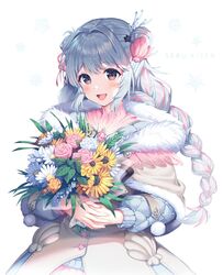  :d aqua_hair bouquet braid brown_eyes character_name commentary double_bun english_commentary female flower fur_trim hair_bun hair_intakes hair_ornament highres holding holding_bouquet long_hair looking_at_viewer multicolored_hair open_mouth pink_hair satchely seru_kisen smile solo two-tone_hair upper_body virtual_youtuber virtuality_project 