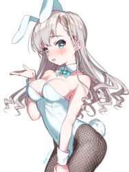  animal_ears aqua_bow aqua_bowtie aqua_eyes aqua_leotard bad_id bad_pixiv_id banirou blush bow bowtie braid braided_bangs breasts commentary covered_navel cowboy_shot detached_collar fake_animal_ears fake_tail female fishnet_pantyhose fishnets grey_hair highres hisakawa_hayate idolmaster idolmaster_cinderella_girls leotard long_hair looking_at_viewer medium_breasts open_mouth pantyhose playboy_bunny rabbit_ears rabbit_tail simple_background smile solo standing strapless strapless_leotard sweatdrop tail twitter_username white_background wing_collar wrist_cuffs 