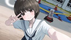  blunt_bangs blush bob_cut brown_eyes brown_hair caution_tape female halo highres looking_at_viewer neckerchief original outdoors sailor_collar sakiika0513 school_uniform selfie serafuku short_hair short_sleeves solo suicide traffic_cone v white_sailor_collar 