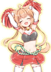  :3 :d ^_^ ahoge alternate_costume animal_ears armpits arms_behind_head arms_up azur_lane bare_shoulders bell black_shirt blush braid breasts brown_hair cat_ears cat_tail cheerleader closed_eyes collared_shirt commentary_request cowboy_shot crop_top elbow_gloves female gloves groin hair_between_eyes hestia_(neko_itachi) holding holding_pom_poms jingle_bell kouhaku_nawa long_hair medium_breasts michishio_(azur_lane) midriff multicolored_shirt navel neck_bell open_mouth outline pom_pom_(cheerleading) red_skirt ribbon ribbon-trimmed_legwear ribbon_trim rope shimenawa shirt sidelocks simple_background skindentation skirt sleeveless sleeveless_shirt smile solo standing tail taut_clothes taut_shirt thighhighs white_gloves white_shirt white_thighhighs yellow_outline zettai_ryouiki 