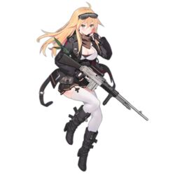  ahoge arm_up belt belt_boots black_footwear black_gloves black_jacket black_skirt blonde_hair blush boots breasts brown_scarf cleavage closed_mouth female fingerless_gloves full_body girls&#039;_frontline gloves gun high_heel_boots high_heels holding holding_gun holding_weapon jacket large_breasts long_hair long_sleeves m1918_(girls&#039;_frontline) m1918_(mod3)_(girls&#039;_frontline) m1918_bar machine_gun official_alternate_costume official_art rifle scarf scope skirt solo strap suisai_(suisao) thighhighs thighhighs_under_boots thighs transparent_background trigger_discipline weapon white_thighhighs yellow_eyes 