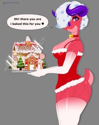  2020 anthro berry_the_dragon big_breasts breasts christmas cinnamonrug collar dialogue dragon english_text female gingerbread_house hi_res holidays mythological_creature mythological_scalie mythology purple_eyes red_body scalie solo tail text 