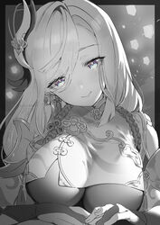  blue_eyes bodysuit breasts close-up closed_mouth commentary_request female genshin_impact hair_ornament hair_over_one_eye head_tilt highres large_breasts long_hair monochrome rope shenhe_(genshin_impact) smile solo sukoyaka93 upper_body 