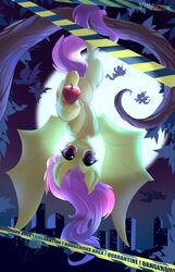  2020 absurd_res apple bat_pony digital_media_(artwork) english_text equid eyelashes fangs female feral flutterbat_(mlp) fluttershy_(mlp) food friendship_is_magic front_view fruit full_moon hasbro hi_res hooves jumperkit looking_at_viewer mammal moon my_little_pony night outside plant smile solo teeth text upside-down wings 