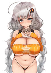  ahoge bare_shoulders bikini blunt_bangs blush braid breasts cleavage closed_mouth commentary cowboy_shot detached_sleeves female grey_eyes grey_hair groin hair_ornament hands_on_own_chest hands_up heart heart-shaped_pupils highleg highleg_bikini highres kizuna_akari lactation lactation lactation_through_clothes large_breasts legs_together long_hair looking_at_viewer low_twintails navel oppai_loli orange_sleeves sho_(wnmf3234) sidelocks simple_background sleeveless smile solo standing star_(symbol) star_print straight-on string_bikini striped swimsuit symbol-shaped_pupils twin_braids twintails underboob vertical-striped_sleeves vertical_stripes very_long_hair voiceroid white_background 