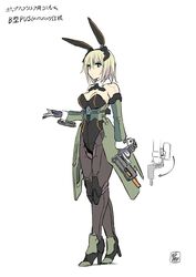  absurdres android animal_ears black_footwear black_leotard blonde_hair blue_eyes breasts detached_sleeves fake_animal_ears female full_body green_skirt gun hair_between_eyes high-waist_skirt high_heels highres holding holding_gun holding_weapon ishiyumi leotard looking_to_the_side mechanical_buddy_universe mechanical_ears mechanical_hands mechanical_legs medium_hair momdroid_(mechanical_buddy_universe) playboy_bunny skirt solo trigger_discipline weapon 