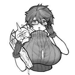  absurdres adjusting_eyewear alternate_breast_size archfiend_marmot_of_nefariousness aussa_(yu-gi-oh!) aussa_the_earth_charmer blush book breasts commentary duel_monster female gloves greyscale hair_between_eyes highres holding holding_book huge_breasts jewelry korean_commentary looking_at_viewer messy_hair monochrome necklace open_mouth rectangular_eyewear ribbed_sweater scemonkey semi-rimless_eyewear short_hair simple_background solo sweater turtleneck turtleneck_sweater yu-gi-oh! 