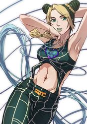  abs armpits arms_up blonde_hair braid braided_ponytail brooch commentary_request cowboy_shot double_bun female green_eyes green_hair green_lips green_nails green_pants hair_bun halterneck highres jewelry jojo_no_kimyou_na_bouken kujo_jolyne midriff multicolored_hair navel pants simple_background solo stone_free stone_ocean string tattoo two-tone_hair white_background zaoanjisi 