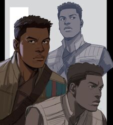  1boy absurdres animification black_eyes black_hair brown_jacket brown_shirt closed_mouth commentary dark-skinned_male dark_skin english_commentary finn_(star_wars) grey_background highres jacket looking_at_viewer looking_to_the_side male_focus multiple_views open_clothes open_jacket parted_lips pillarboxed shirt short_hair star_wars star_wars:_the_force_awakens thisuserisalive two-tone_background upper_body white_background 