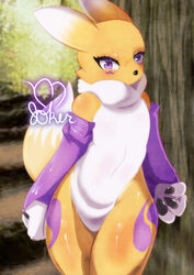  anthro armwear ass bandai_namco belly big_butt black_nails blush breasts clothing colored_nails digimon digimon_(species) female hi_res madjoker nails neck_tuft purple_eyes renamon small_breasts solo tuft wide_hips 