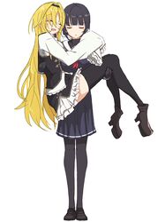  2girls :d =_= black_footwear black_gloves black_hair black_legwear black_serafuku blonde_hair blunt_bangs blush carrying commentary_request frilled_skirt frills full_body gloves hairband hug idolmaster idolmaster_cinderella_girls ito_(itokayu) kurosaki_chitose long_hair multiple_girls open_mouth pantyhose partial_commentary pleated_skirt princess_carry school_uniform serafuku shirayuki_chiyo short_hair simple_background skirt sleeves_past_fingers sleeves_past_wrists smile thighhighs velvet_rose_(idolmaster) very_long_hair white_background wide_sleeves zettai_ryouiki 