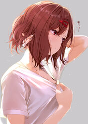  arm_behind_head arm_up blush brown_hair closed_mouth collarbone commentary_request female flower from_side gradient_background grey_background hair_between_eyes hair_flower hair_ornament hand_in_own_hair highres higuchi_madoka idolmaster idolmaster_shiny_colors looking_away looking_down neck nira_(vira) red_eyes shirt short_hair short_sleeves solo sparkle translated upper_body water_drop white_shirt 