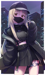  basa_rutan baseball_cap black_footwear black_hat black_jacket black_mask black_skirt breasts brown_eyes brown_hair building commentary crop_top female hand_up hat highres jacket long_hair long_sleeves looking_at_viewer mask medium_breasts midriff mouth_mask nijisanji off_shoulder official_alternate_costume open_clothes open_jacket outdoors parted_bangs pleated_skirt puffy_long_sleeves puffy_sleeves romaji_commentary sister_claire sister_claire_(9th_costume) skirt skyscraper sleeves_past_fingers sleeves_past_wrists solo virtual_youtuber 