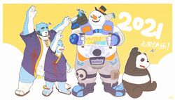  2021 anthro asian_clothing bear belly black_body black_fur blizzard_entertainment blue_body blue_fur bonasiah bottomwear bulge cartoon_network clothing east_asian_clothing footwear full_attack fundoshi fur giant_panda group hi_res japanese_clothing kemono male mammal neiiio overwatch overweight overweight_male panda_(we_bare_bears) pants roadhog_(overwatch) sandals sitting sophring_hao sophring_jie underwear we_bare_bears white_body white_fur 