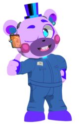  2023 3d_(artwork) 3d_modeling alpha_channel anthro bear blue_clothing blue_eyes buckteeth clothing digital_media_(artwork) e74444444444 fingerless_gloves five_nights_at_freddy&#039;s five_nights_at_freddy&#039;s:_security_breach five_nights_at_freddy&#039;s:_security_breach_ruin footwear gesture gloves hand_gesture handwear hat headgear headwear helpi_(fnaf) male mammal name_tag on_model one_eye_closed purple_clothing purple_footwear purple_shoes scottgames shoes solo steel_wool_studios teeth thumbs_up wink 