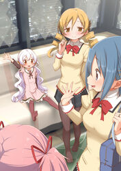  4girls abutomato arm_up bag black_skirt blonde_hair blue_eyes blue_hair bow bowtie brown_pantyhose commentary_request couch dress hair_ornament hairclip highres indoors kaname_madoka long_hair mahou_shoujo_madoka_magica mahou_shoujo_madoka_magica:_hangyaku_no_monogatari medium_hair miki_sayaka mitakihara_school_uniform momoe_nagisa multiple_girls on_couch open_mouth pantyhose pink_dress pink_hair plaid plaid_skirt red_bow red_bowtie red_eyes red_pantyhose school_bag school_uniform sitting skirt smile tomoe_mami white_hair window yellow_eyes 