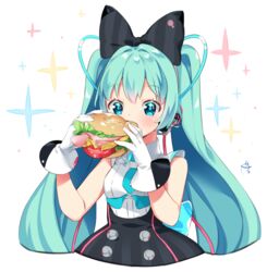  aqua_eyes aqua_hair aqua_necktie arami_o_8 bad_id bad_twitter_id bagel black_bow black_dress bow cable cheese commentary_request cropped_torso dress eating female food gloves hair_ornament hairbow ham hands_up hatsune_miku headphones holding holding_food hoop_skirt korean_commentary lettuce long_hair magical_mirai_(vocaloid) magical_mirai_miku magical_mirai_miku_(2016) necktie open_mouth sandwich short_necktie signature sleeveless sleeveless_dress solo sparkle_background tomato twintails upper_body very_long_hair vocaloid white_background white_gloves 