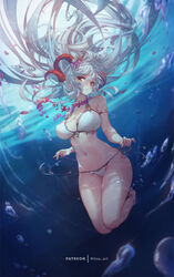  air_bubble alternate_costume anklet artist_name bare_legs barefoot bikini bougainvillea_(flower) breasts broken_necklace bubble female fire_emblem fire_emblem_heroes flower flower_necklace freediving freyja_(fire_emblem) freyja_(summer)_(fire_emblem) frown grey_hair hair_flower hair_ornament horns jewelry large_breasts long_hair mitsu_(mitsu_art) necklace patreon_username purple_flower red_eyes red_flower red_horns solo swimming swimsuit underwater undressing untying very_long_hair white_bikini 