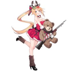  animal_ears antlers bare_legs bare_shoulders bell black_footwear black_gloves blonde_hair blush boots breasts christmas deer_ears detached_collar doughnut doughnut_hair_ornament dress female food food-themed_hair_ornament from_side full_body fur_trim girls&#039;_frontline gloves grey_eyes gun hair_ornament high_heel_boots high_heels holding holding_gun holding_weapon horns hugging_object jingle_bell large_breasts leg_warmers long_hair looking_at_viewer m1918_(girls&#039;_frontline) m1918_(war_is_over)_(girls&#039;_frontline) m1918_bar machine_gun merry_christmas official_alternate_costume official_art open_mouth red_dress short_dress sidelocks solo standing standing_on_one_leg stuffed_animal stuffed_toy suisai_(suisao) teddy_bear transparent_background very_long_hair weapon 