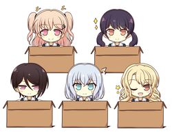  5girls ;d ^^^ asymmetrical_hair bang_dream! black_hair blonde_hair blue_eyes blue_serafuku blush_stickers box brown_eyes cardboard_box cat_hair_ornament closed_mouth collarbone commentary_request futaba_tsukushi grey_hair hair_between_eyes hair_ornament hair_tie hairclip hand_on_own_chest highres hiromachi_nanami in_box in_container kirigaya_toko kurata_mashiro long_hair long_sleeves looking_at_viewer low_twintails medium_hair morfonica multiple_girls musical_note one_eye_closed open_mouth pink_eyes purple_hair school_uniform serafuku short_hair sidelocks simple_background single_sidelock smile sparkle star_(symbol) sweatdrop teen_(teen629) tsukinomori_school_uniform twintails upper_body v-shaped_eyebrows white_background yashio_rui 