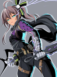  ahoge apex_legends aqua_eyes arm_guards belt belt_pouch brown_hair cat_hair_ornament cosplay electricity female hair_ornament hair_ribbon hasa_west hololive hope&#039;s_dusk_(apex_legends) kunai natsuiro_matsuri open_mouth pouch ribbon scarf side_ponytail skin_tight solo virtual_youtuber weapon wraith_(apex_legends) wraith_(apex_legends)_(cosplay) 