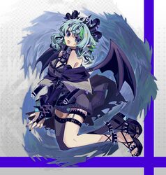  absurdres apricot_the_lich apricot_the_lich_(1st_costume) black_jacket black_nails blue_hair breasts cleavage commentary english_commentary female fjsk green_eyes green_hair highres horns jacket leaning_back looking_at_viewer medium_breasts multicolored_hair multiple_horns off_shoulder purple_nails second-party_source single_thighhigh smile solo spikes thigh_strap thighhighs virtual_youtuber vshojo wings 