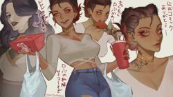  2girls absurdres alternate_hairstyle apex_legends black_hair breasts brown_eyes brown_hair chicken_(food) chicken_leg chikitamako cleavage collarbone crop_top cropped_shirt cup dark-skinned_female dark_skin denim disposable_cup drinking_straw eating eyeshadow food gold_choker gradient_hair grey_background hair_behind_ear hair_over_one_eye highres holding holding_cup holding_food jeans loba_(apex_legends) looking_to_the_side makeup medium_breasts multicolored_hair multiple_girls multiple_views neck_tattoo official_alternate_costume official_alternate_hairstyle open_mouth pants parted_lips portrait red_eyeshadow red_hair shirt smile tattoo the_widow_(apex_legends) translation_request v-neck white_shirt 