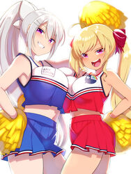  2girls :d ahoge asymmetrical_docking blonde_hair blue_skirt breast_press breasts cheerleader clenched_teeth commentary_request hair_between_eyes hair_ornament hair_ribbon hairclip hand_on_own_hip highres higuchi_kaede konboi-eg large_breasts long_hair looking_at_viewer midriff mole mole_under_eye multiple_girls navel nijisanji open_mouth pink_eyes pleated_skirt pom_pom_(cheerleading) ponytail purple_eyes red_ribbon red_skirt ribbon simple_background skirt smile takamiya_rion teeth twintails virtual_youtuber white_background white_hair 