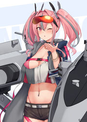  azur_lane belt bikini bikini_under_clothes black_choker black_shorts blowing_kiss blue_jacket blush bracelet breasts bremerton_(azur_lane) buckle character_name choker cleavage collarbone commentary_request cowboy_shot crop_top crop_top_overhang cropped_shirt cutoffs ear_piercing eyewear_on_head female grey_belt grey_hair groin hair_between_eyes hair_intakes hair_ornament hand_up heart highleg highleg_bikini highres hood hood_down hooded_jacket jacket jewelry kin&#039;iro_dojo large_breasts lifebuoy_ornament long_hair long_sleeves looking_at_viewer midriff mole mole_under_eye multicolored_hair navel navel_piercing one_eye_closed open_clothes open_jacket parted_lips partial_commentary piercing pink_bikini pink_eyes pink_hair red-tinted_eyewear rigging shirt short_shorts shorts sidelocks signature snap-fit_buckle solo standing streaked_hair sunglasses swimsuit thigh_strap tinted_eyewear turret twintails two-tone_hair two-tone_shirt 