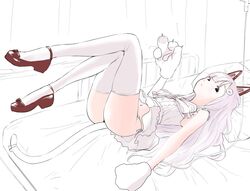  animal_hands ass black_eyes bow cat_paws claws dress dress_shoes expressionless female footwear_ribbon ftktan full_body gloves hair_ornament legs_up looking_at_viewer lying mechanical_ears namahoshi-chan navel on_back on_bed panties panty_peek paw_gloves pillow pink_hair shinsougumi solo string_panties tail tail_bow tail_ornament thighhighs underwear virtual_youtuber white_bow white_dress white_panties white_theme white_thighhighs 