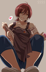  apron areola_slip black_apron black_pants breasts clothes_lift condom female from_below grey_background gridman_universe hair_between_eyes heart highres holding holding_condom looking_at_viewer looking_down mature_female medium_breasts off-shoulder_shirt off_shoulder pants red_hair shirt shirt_lift shoes short_hair simple_background smile solo spoken_heart ssss.gridman takarada_orie white_footwear white_shirt yamada_naoko_(hideko1227) 