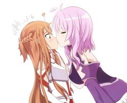  !? 2girls armor asuna_(sao) back braid breastplate breasts brown_eyes closed_eyes commentary english_commentary facing_another french_braid from_side grabbing_another&#039;s_hair hand_on_another&#039;s_arm kiko_(pixiv43464993) kissing large_breasts light_brown_hair light_purple_hair long_hair looking_at_another multiple_girls profile short_hair_with_long_locks simple_background strea_(sao) surprise_kiss surprised sword_art_online sword_art_online:_infinity_moment white_background yuri 