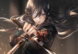  a_maru arm_guards bandaid bandaid_on_face black_hair blood blood_from_mouth blood_on_face blue_eyes blue_tunic commentary_request cuts dual_wielding female fighting_stance hair_between_eyes holding holding_sword holding_weapon injury long_hair looking_at_viewer md5_mismatch ninja original resolution_mismatch solo source_larger sword weapon 