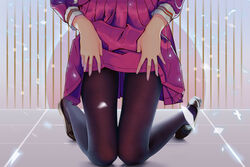  black_legwear chinese_commentary clothes_lift female highres kneeling knees_together_feet_apart lifting_own_clothes lower_body md5_mismatch pantyhose photoshop_(medium) pink_skirt qizhu shoes skirt skirt_lift tile_floor tiles uniform 