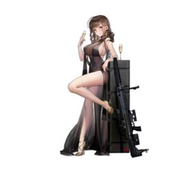  anti-materiel_rifle armlet bare_legs black_dress black_hair blunt_bangs bolt_action breasts bullpup champagne_flute cleavage covered_navel cup dress drinking_glass dsr-50 dsr-50_(girls&#039;_frontline) dsr-50_(highest_bid)_(girls&#039;_frontline) earrings evening_gown female full_body girls&#039;_frontline gun high_heels jewelry large_breasts liduke long_hair looking_at_viewer necklace official_alternate_costume official_art parted_lips red_eyes rifle ring see-through see-through_cleavage sidelocks sniper_rifle solo standing standing_on_one_leg strap_gap toe_cleavage transparent_background weapon weapon_case 