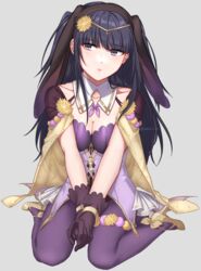  absurdres alternate_costume animal_ears black_hair blunt_bangs blush bracelet breasts cape circlet cleavage commentary detached_collar fake_animal_ears female fire_emblem fire_emblem_awakening fire_emblem_heroes flower full_body gloves grey_background high_heels highres jewelry long_hair looking_away medium_breasts official_alternate_costume pantyhose peach11_01 purple_eyes purple_pantyhose rabbit_ears solo tharja_(fire_emblem) tharja_(spring)_(fire_emblem) yellow_cape yellow_flower yellow_footwear 