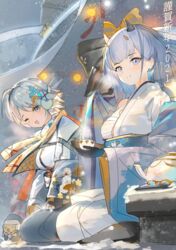  2girls alternate_costume azur_lane blue_eyes blue_hair champagne_(azur_lane) champagne_(lapis_lazuli&#039;s_first_dream)_(azur_lane) english_commentary gloves hair_ornament headphones highres horns janyhero japanese_clothes kimono long_hair multiple_girls official_alternate_costume seattle_(azur_lane) seiza short_hair sitting smile snowing tea 