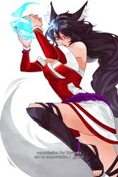  ahri_(league_of_legends) animal_ears artist_name black_hair breasts cleavage detached_sleeves energy_ball facial_mark female fingernails fox_ears fox_girl fox_tail hair_between_eyes highres jjolee league_of_legends long_hair looking_at_viewer nail_polish red_nails sharp_fingernails simple_background solo tail toeless_footwear toenails toes whisker_markings white_background yellow_eyes 