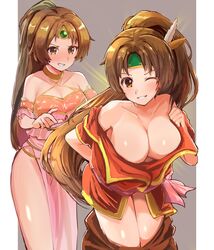  1boy ;d angry bad_id bad_pixiv_id bare_shoulders blush breasts brown_eyes brown_hair circlet cleavage collarbone commission dress embarrassed female fire_emblem fire_emblem:_shadow_dragon_and_the_blade_of_light fire_emblem_heroes full-face_blush green_headband grin harukan_(user_erc1010) headband highres jacket large_breasts linde_(fire_emblem) long_hair one_eye_closed open_mouth pink_dress pixiv_commission ponytail red_jacket side_slit smile transformation undressing very_long_hair xane_(fire_emblem) 