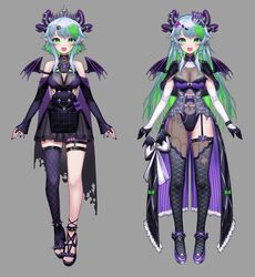  absurdres apricot_the_lich apricot_the_lich_(1st_costume) apricot_the_lich_(2nd_costume) black_capelet black_gloves blue_hair breasts bsapricot capelet choker cleavage commentary earrings elbow_gloves english_commentary female full_body gloves green_eyes green_hair highres horns jewelry leotard long_hair looking_at_viewer medium_breasts multicolored_hair multiple_horns multiple_views navel oerba_yun_fang official_art open_mouth purple_leotard sandals sidelocks single_leg_pantyhose single_thighhigh skin_fang skirt skull thigh_strap thighhighs tongue two-tone_hair variations virtual_youtuber vshojo wings 