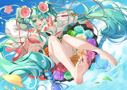  :d aqua_eyes aqua_hair arm_up armpits bare_legs barefoot blue_flower blue_rose blush braid commentary detached_sleeves dress feet female flower flower_underskirt from_below full_body green_flower green_nails green_rose hair_between_eyes hair_flower hair_ornament hair_ribbon hand_up hatsune_miku headset highres holding holding_microphone long_hair long_sleeves looking_at_viewer magical_mirai_(vocaloid) magical_mirai_miku magical_mirai_miku_(2021) meion microphone nail_polish open_mouth orange_flower orange_rose petals pink_flower pink_rose purple_flower purple_rose red_flower red_ribbon red_rose revision ribbon rose smile soles solo spring_onion thighhighs toenail_polish toenails toes twintails very_long_hair vocaloid white_dress white_flower white_rose wide_sleeves 