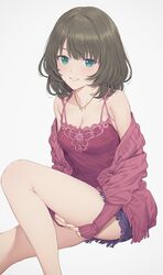  bare_legs bob_cut breasts camisole cleavage collarbone female green_eyes grin heterochromia highres hugging_own_legs idolmaster idolmaster_cinderella_girls invisible_chair jacket jewelry looking_at_viewer mikazuchi_zeus mole mole_under_eye necklace red_camisole red_jacket ribbed_camisole shorts simple_background sitting small_breasts smile solo sweater_jacket takagaki_kaede white_background 