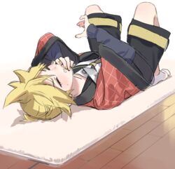  1boy black_sailor_collar black_shorts blonde_hair cellphone closed_eyes commentary hand_to_own_mouth hanten_(clothes) jacket japanese_clothes kagamine_len lying male_focus nail_polish naoko_(naonocoto) necktie on_back phone red_jacket rug sailor_collar shirt short_ponytail shorts smartphone socks solo spiked_hair tears vocaloid white_shirt wooden_floor yellow_nails yellow_necktie 