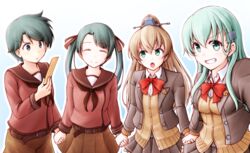  4girls aqua_hair belt black_hair blazer bow bowtie breasts brown_hair brown_jacket brown_neckerchief brown_shorts brown_skirt closed_eyes grin hair_ornament hair_ribbon hairclip holding_hands jacket kantai_collection kumano_(kancolle) long_hair meihemu mikuma_(kancolle) mogami_(kancolle) multiple_girls neckerchief open_mouth pleated_skirt ponytail red_bow red_bowtie red_sailor_collar ribbon sailor_collar school_uniform serafuku short_hair shorts skirt smile suzuya_(kancolle) twintails 